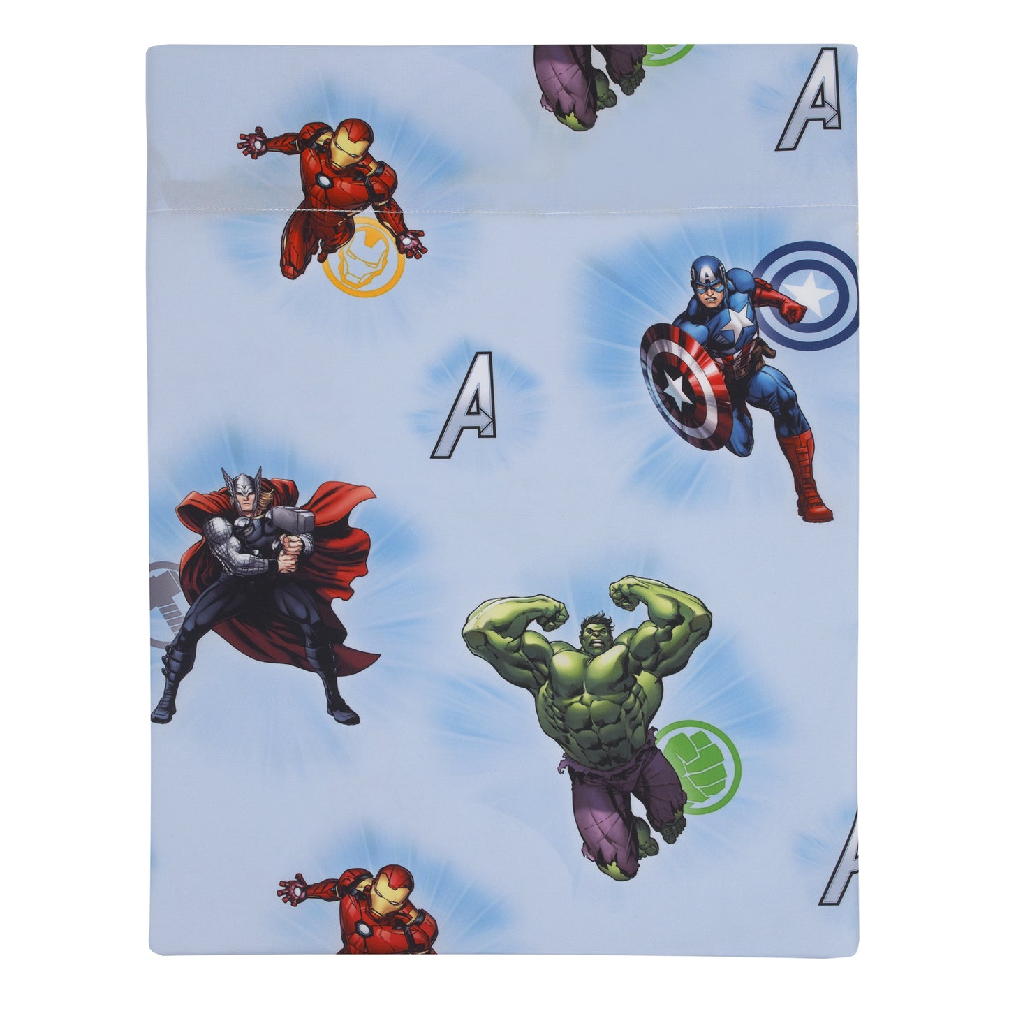 Marvel Avengers Fight the Foes Blue, Red, Green Hulk, Iron Man, Thor, Captain America 4 Piece Toddler Bed Set - Comforter, Fitted Bottom Sheet, Flat Top Sheet, and Reversible Pillowcase
