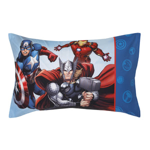 Marvel Avengers Fight the Foes Blue, Red, Green Hulk, Iron Man, Thor, Captain America 4 Piece Toddler Bed Set - Comforter, Fitted Bottom Sheet, Flat Top Sheet, and Reversible Pillowcase
