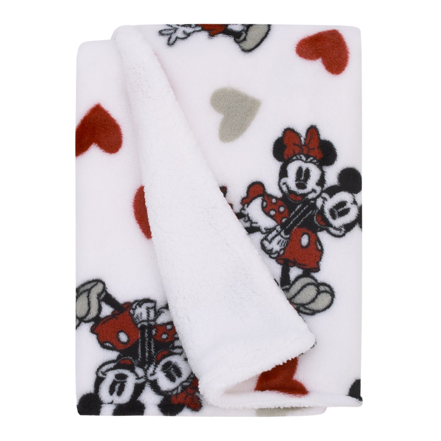 Disney Mickey Mouse & Minnie Mouse Red, Gray, and White Valentine Hearts Super Soft Sherpa Baby Blanket