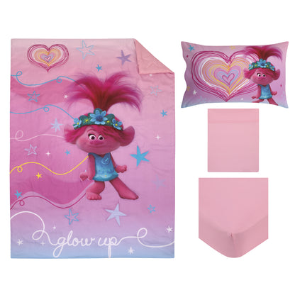 Trolls Show Up Glow Up Pink and Blue, Hearts and Stars 4 Piece Toddler Bed Set - Comforter, Fitted Bottom Sheet, Flat Top Sheet, and Reversible Pillowcase