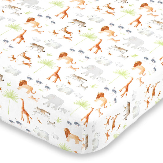 NoJo Watercolor Jungle Animals Crib Sheet - Mini Fitted Crib Sheet - Designed in The USA – 24” x 38” x 5”