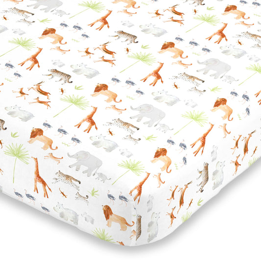 Watercolor Jungle Animals Crib Sheet - Mini Fitted Crib Sheet - Designed in The USA – 24” x 38” x 5”