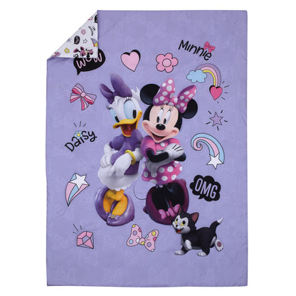 Disney Minnie Mouse I am Awesome Lavender, Pink, and White with BFF Daisy Duck, and Figaro the Cat 4 Piece Toddler Bed Set - Comforter, Fitted Bottom Sheet, Flat Top Sheet, and Reversible Pillowcase