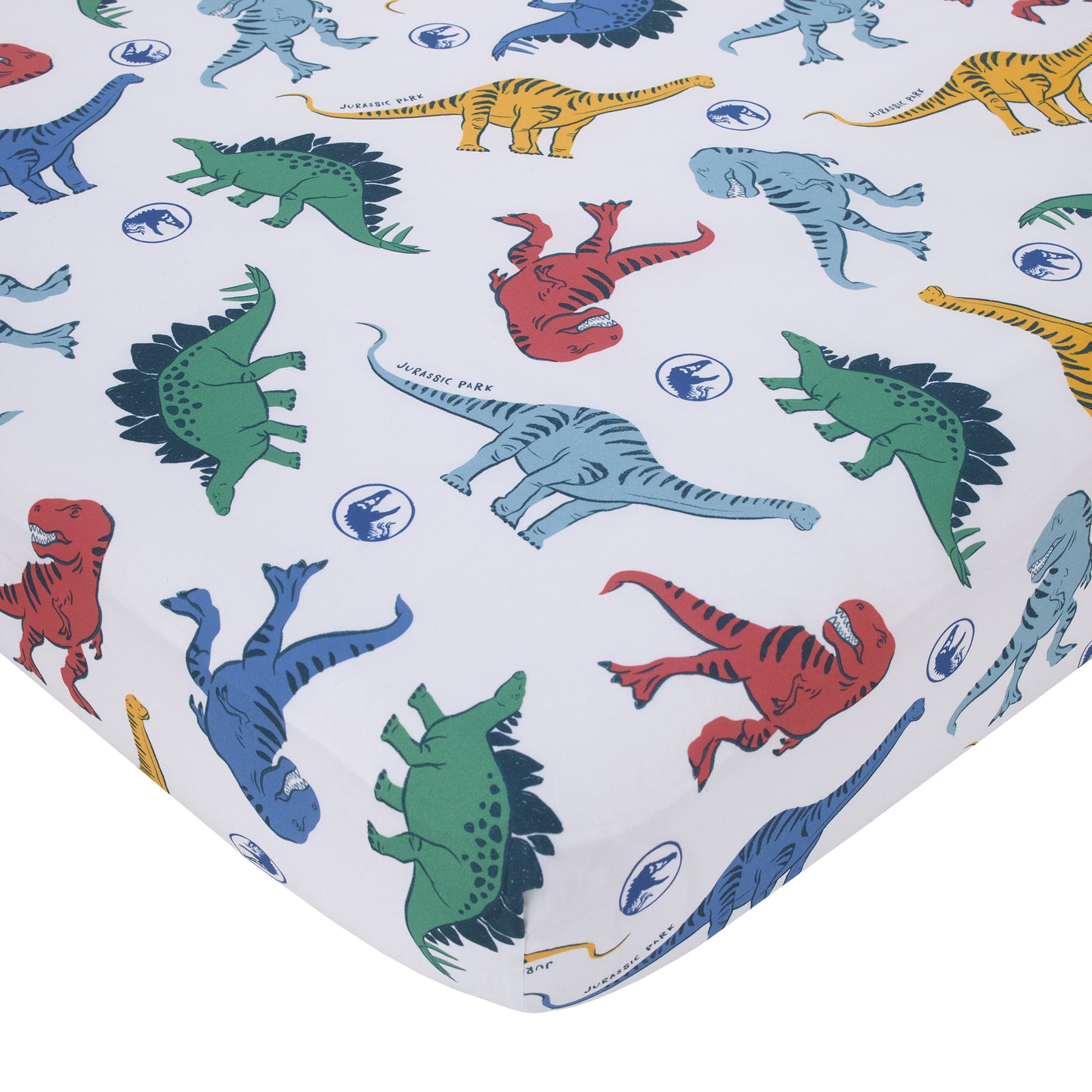 Universal Jurassic World Wild and Free Blue, Green, and Yellow Dinosaur 4 Piece Toddler Bed Set - Comforter, Fitted Bottom Sheet, Flat Top Sheet, Reversible Pillowcase