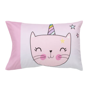 Everything Kids Caticorn Girl Power Pink and White with Pastel Rainbows and White Clouds Girls Can Do Anything Unicorn Stars 4 Piece Toddler Bed Set - Comforter, Fitted Bottom Sheet, Flat Top Sheet, and Reversible Pillowcase