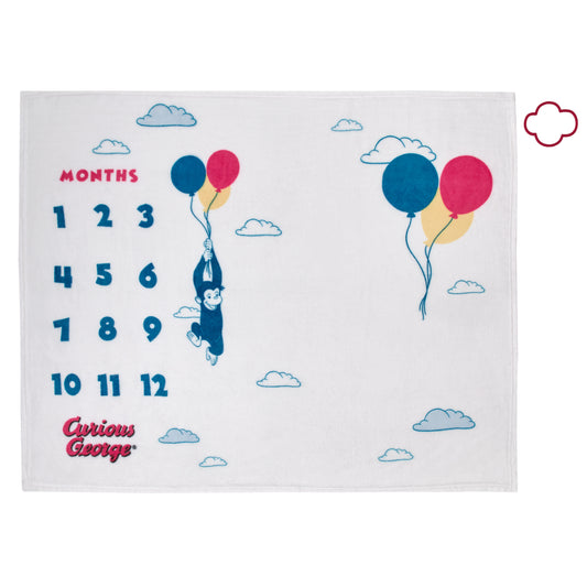 Curious George White, Blue, Red, and Yellow Balloons and Clouds Super Soft Milestone Baby Blanket
