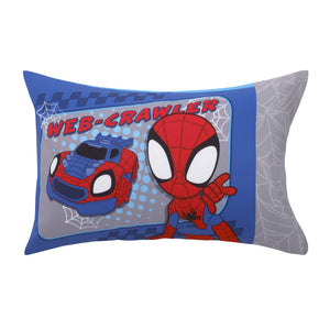 Marvel Spider-Man Spidey and his Amazing Friends Spidey Time Red, Blue, and Grey 4 Piece Toddler Bed Set - Comforter, Fitted Bottom Sheet, Flat Top Sheet, and Reversible Pillowcase