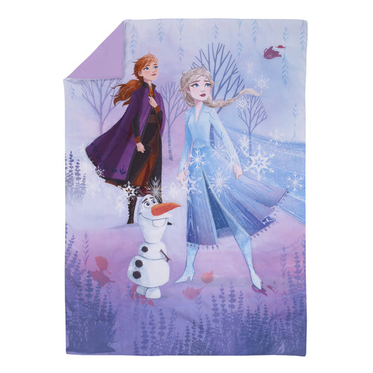 Disney Frozen 2 Lavender, Light Blue and Purple Forest Spirit 4 Piece Toddler Bed Set - Comforter, Fitted Bottom Sheet, Flat Top Sheet, Reversible Pillowcase