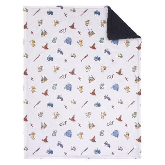 Warner Bros  Harry Potter Welcome Little Wizard Navy, Burgundy, Blue, and White Super Soft Baby Blanket