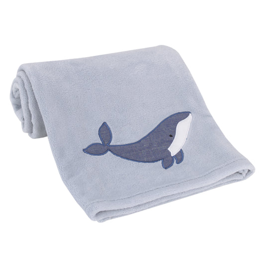Ever & Ever Marine Light Blue, Navy, and White Whale Applique Super Soft Baby Blanket