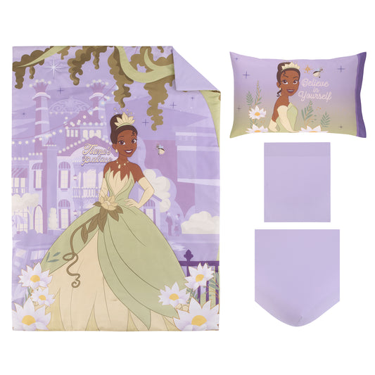 NoJo Disney Princess Tiana Create Your World 4 Piece Toddler Bed Set - Comforter, Fitted Bottom Sheet, Flat Top Sheet, Reversible Pillowcase, Lavender, Green, Yellow