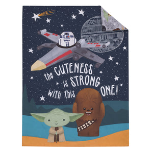 Star Wars Welcome to the Galaxy Navy and Gray Yoda, R2-D2, Chewbacca, and Princess Leia 4 Piece Toddler Bed Set - Comforter, Fitted Bottom Sheet, Flat Top Sheet, and Reversible Pillowcase
