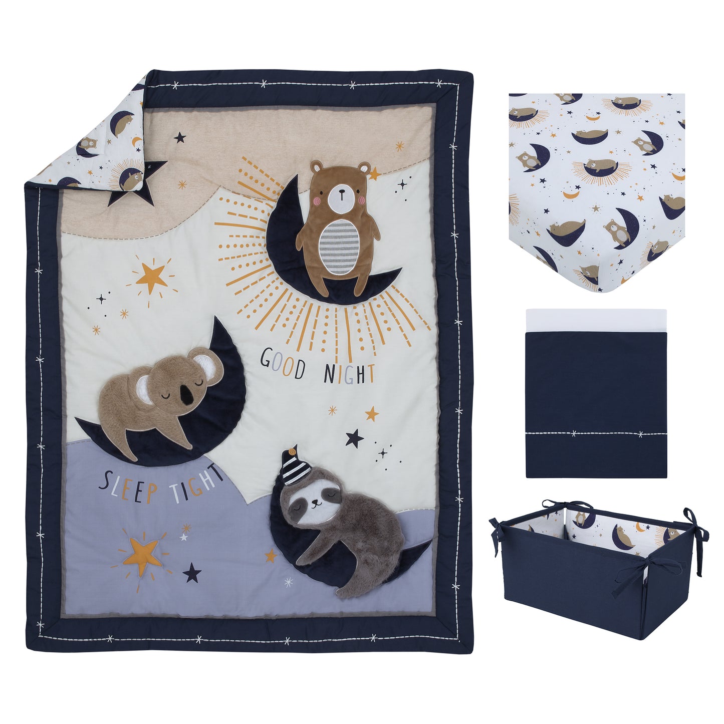 NoJo Goodnight Sleep Tight White and Blue Koala, Sloth, Bear, Star, and Moon 4 Piece Nursery Crib Bedding Set - Comforter, 100% Cotton Fitted Crib Sheet, Crib Skirt, and Storage