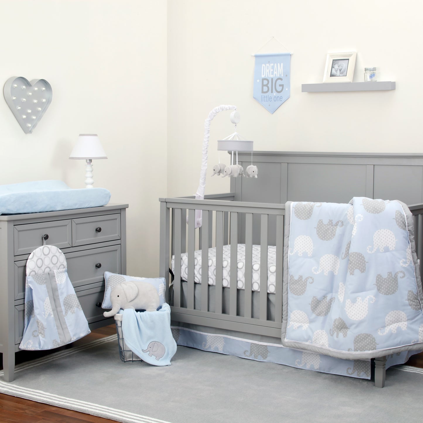 NoJo Dreamer Elephant Blue, Grey 8 Piece Nursery Crib Bedding Set