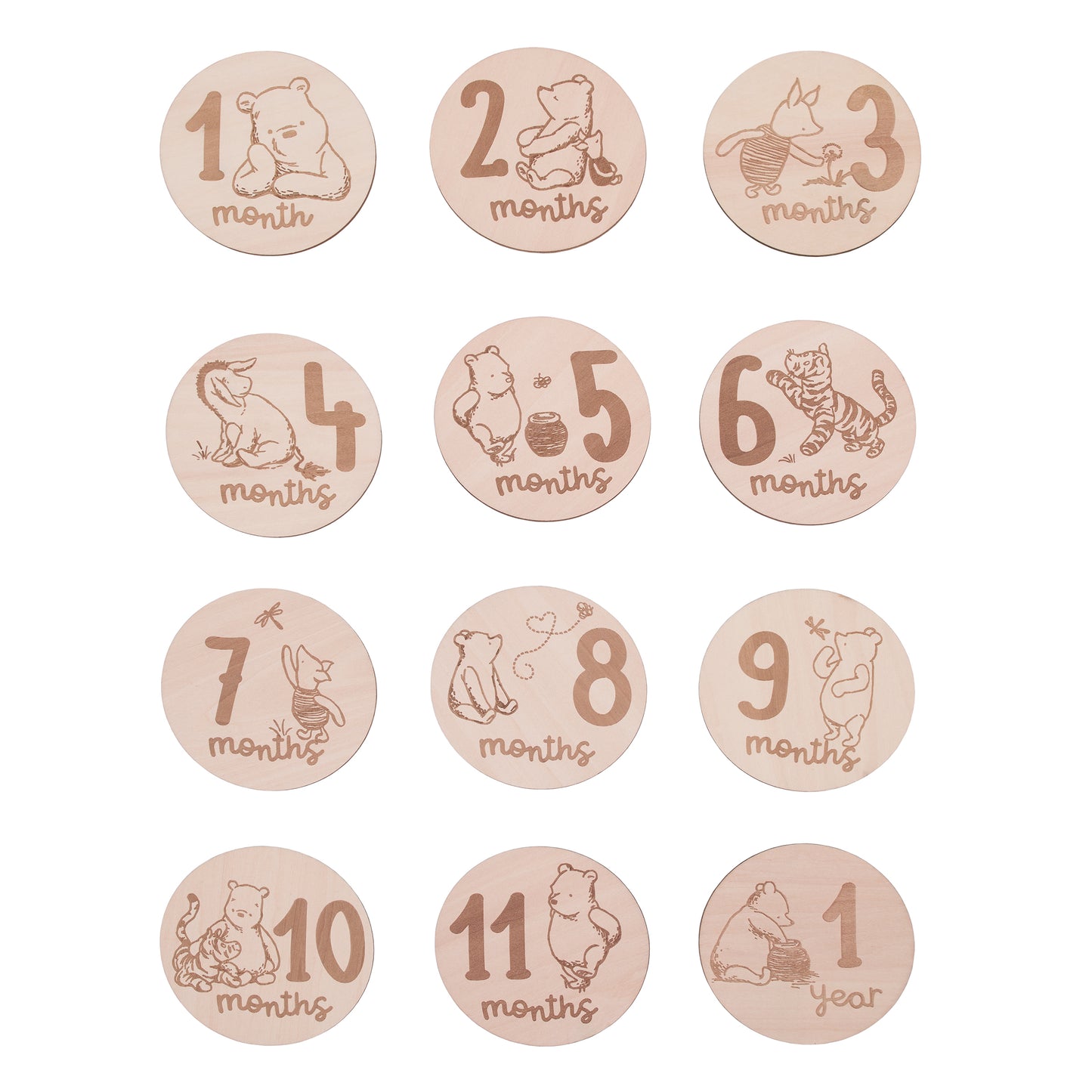 Disney Classic Winnie the Pooh Natural Wood Tone, 12 Piece Wooden Engraved Milestone Cards