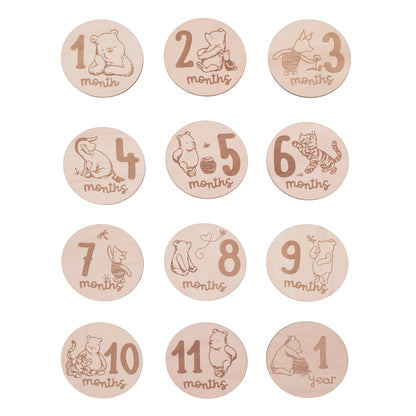 Disney Classic Winnie the Pooh Natural Wood Tone, 12 Piece Wooden Engraved Milestone Cards
