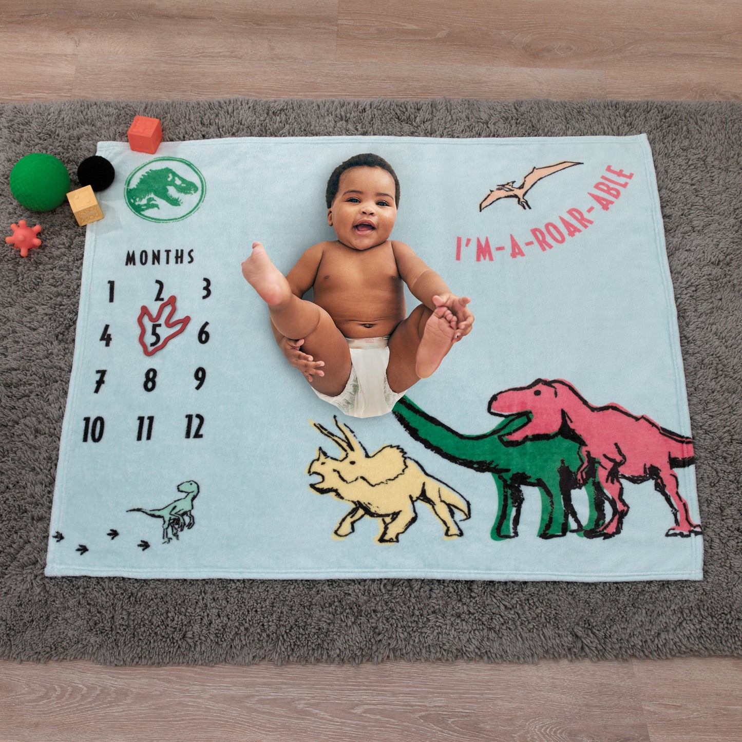 Welcome to the Universe Baby Jurassic World Blue, Green, Orange and Yellow I'm-a-Roar-able Dinosaur Super Soft Milestone Baby Blanket