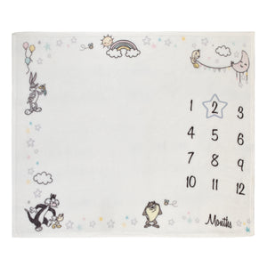 Warner Bros  Looney Tunes Best Buds White with Pastel Blue, Pink, and Yellow Bugs Bunny, Tweety, Tasmanian Devil, and Sylvester the Cat Milestone Blanket