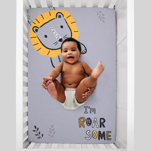 Roarsome Lion Grey and Gold Photo Op Fitted Mini Crib Sheet