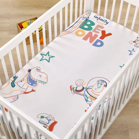 Disney Toy Story Green, Red, Blue and White "To Infinity and Beyond" Color Crazy Nursery Photo Op Fitted Crib Sheet