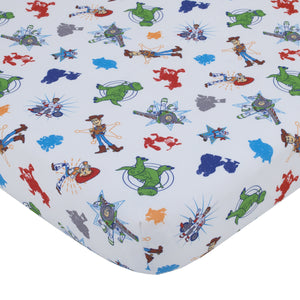 Disney Toy Story 4 - Blue, Green, Red and White 2 Pack Toddler Fitted Crib Sheet and Standard Size Pillowcase Set