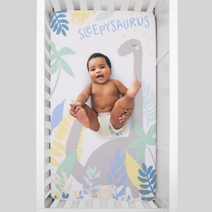 NoJo Sleepysaurus Blue, Yellow, Grey and White Dino Leaf 100% Cotton Photo Op Fitted Crib Sheet