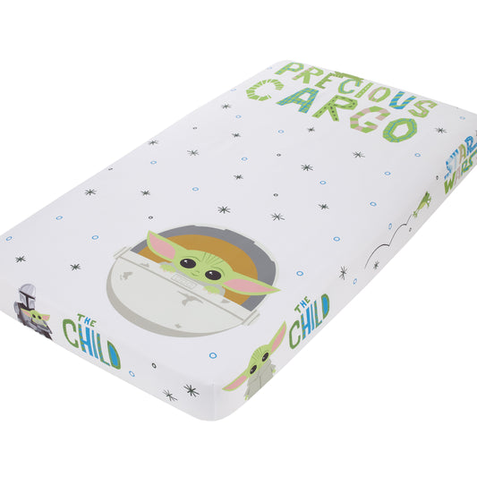 The Mandalorian Grogu, White, Green, and Blue Precious Cargo Photo Op Nursery Fitted Crib Sheet