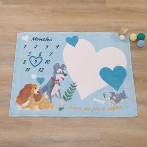 Disney Lady & the Tramp Blue, White, and Gold Love At First Sight Super Soft Photo Op Milestone Baby Blanket