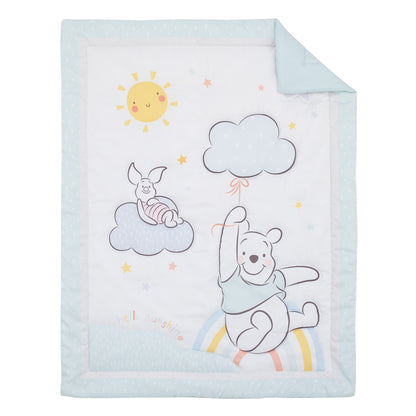 Disney Winnie the Pooh Hello Sunshine Multi-Colored Rainbow, Yellow Sun and Blue Clouds 3 Piece Nursery Crib Bedding Set - Comforter, Fitted Crib Sheet and Crib Skirt