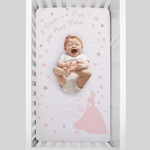 Disney Princess Enchanting Dreams White and Pink Cinderella A Dream is a Wish Your Heart Makes 100% Cotton Photo Op Nursery Fitted Crib Sheet