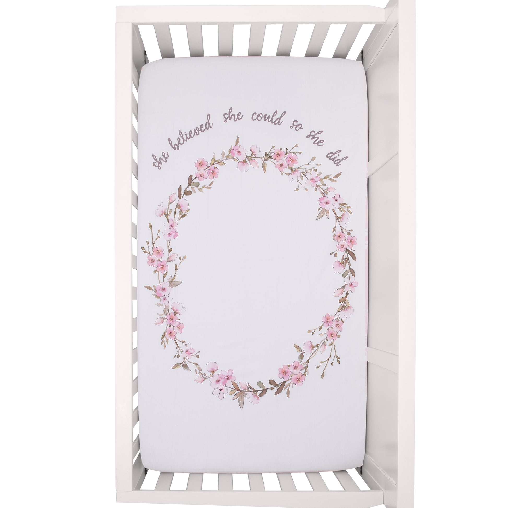 Ever & Ever Flower Fairy Pink, White, and Taupe She Believed, She Could, So She Did 100% Cotton Nursery Photo Op Fitted Crib Sheet