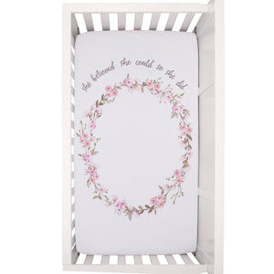 Ever & Ever Flower Fairy Pink, White, and Taupe She Believed, She Could, So She Did 100% Cotton Nursery Photo Op Fitted Crib Sheet