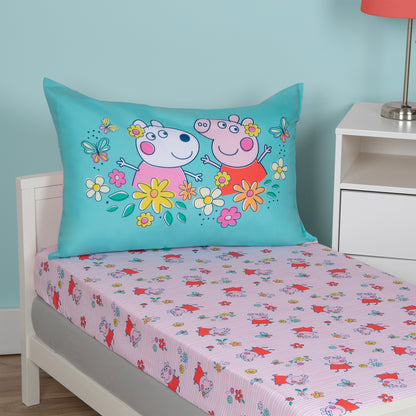 NoJo Peppa Pig 2 Piece Toddler Sheet Set  Fitted Bottom Sheet and Reversible Pillowcase, Pink and White