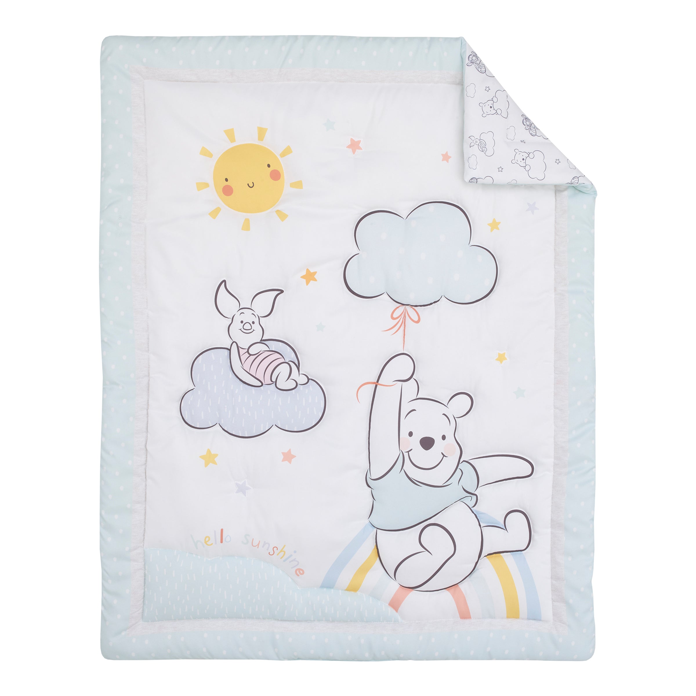 Disney Winnie the Pooh Hello Sunshine White and Aqua Piglet Rainbow Clouds and Sun 3 Piece Nursery Mini Crib Bedding Set Comforter and Two Fitted Mini Crib Sheets NoJo Baby