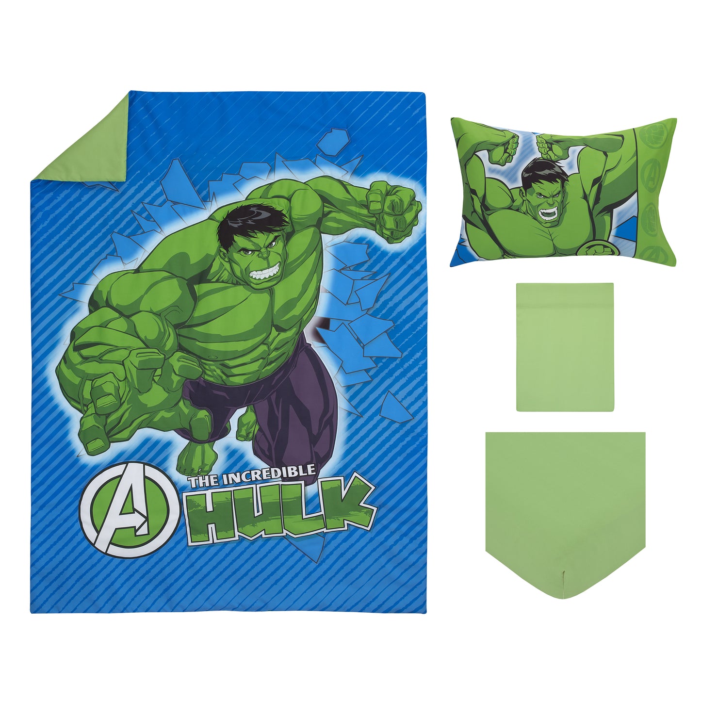 Marvel The Incredible Hulk - The Big Guy - Blue and Green 4 Piece Toddler Bed Set - Comforter, Fitted Bottom Sheet, Flat Top Sheet, and Reversible Pillowcase