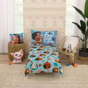 Disney Moana Free as the Ocean Aqua, Orange, and White, Pua Pig, and Hei Hei Chicken Super Soft Toddler Blanket