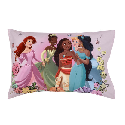 Disney Princesses Courage and Kindness Pink, Blue and White Ariel, Tiana, Moana, Jasmine, Cinderella, Mulan, Belle, and Snow White 2 Piece Toddler Sheet Set - Fitted Bottom Sheet and Reversible Pillowcase