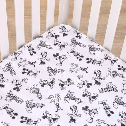 Disney Mickey Mouse - Charcoal, Black and White Mickey and Friends, Minnie Mouse, Donald Duck  and Pluto Nursery Fitted Mini Crib Sheet