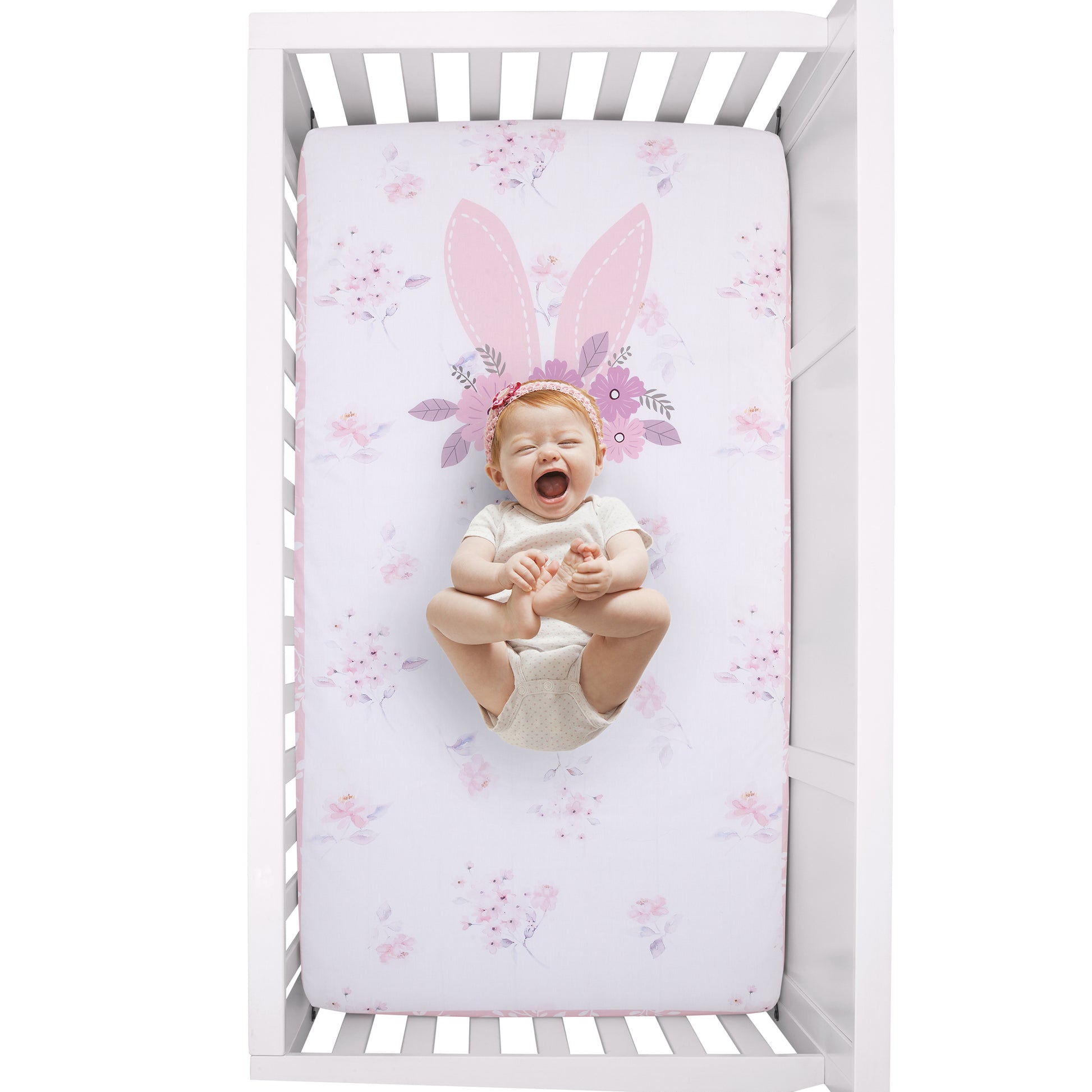 Ever & Ever Flower Bunny Pink, White, and Lavender Bunny Ears 100% Cotton Nursery Photo Op Fitted Crib Sheet