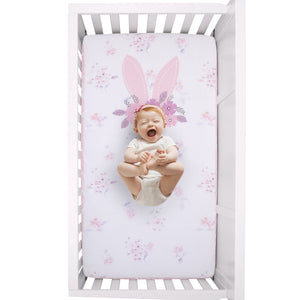 Ever & Ever Flower Bunny Pink, White, and Lavender Bunny Ears 100% Cotton Nursery Photo Op Fitted Crib Sheet