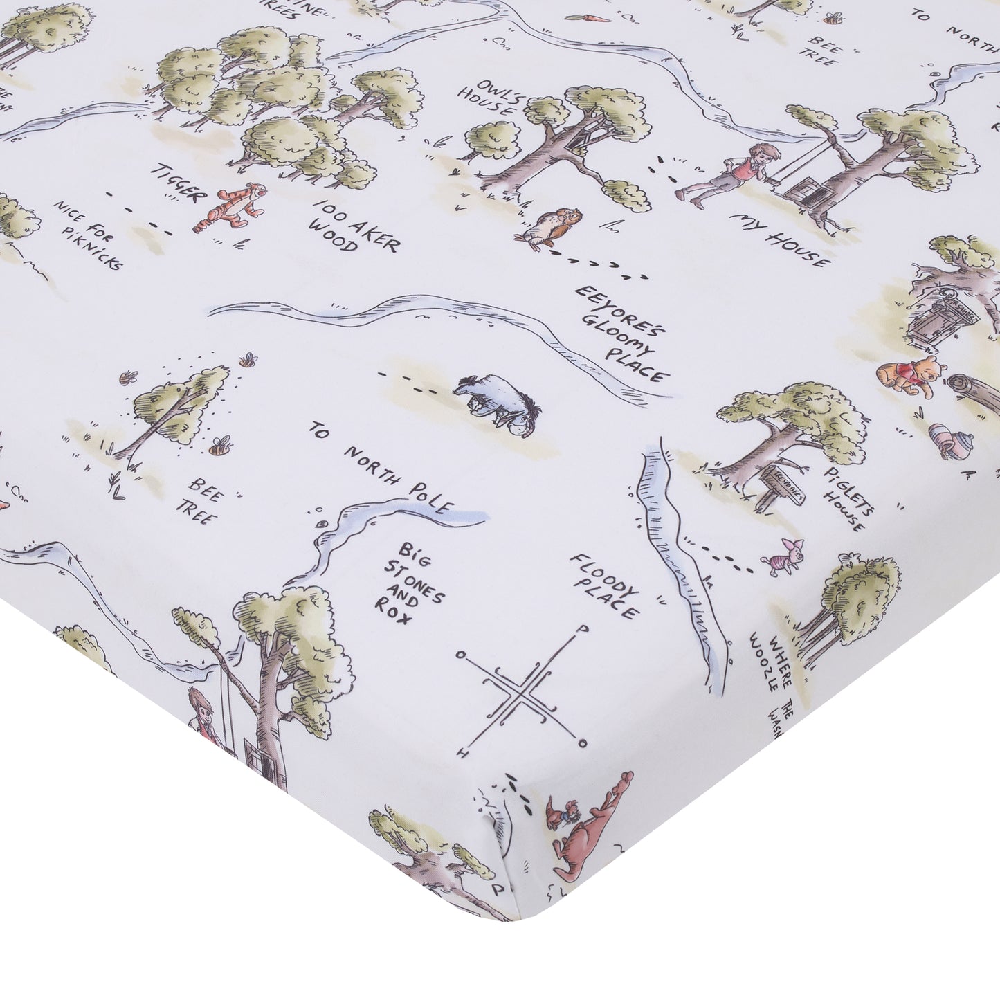 Disney Classic Winnie the Pooh Sage, Tan, and White, Map of 100 Acre Woods Super Soft Nursery Fitted Mini Crib Sheet