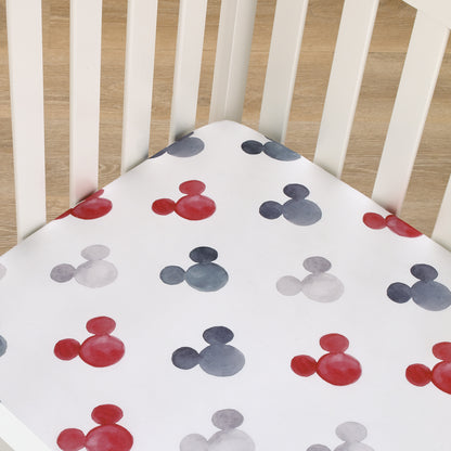 Disney Mickey Mouse - Black, White, Gray and Red Watercolor Mickey Ears Nursery Fitted Crib Sheet