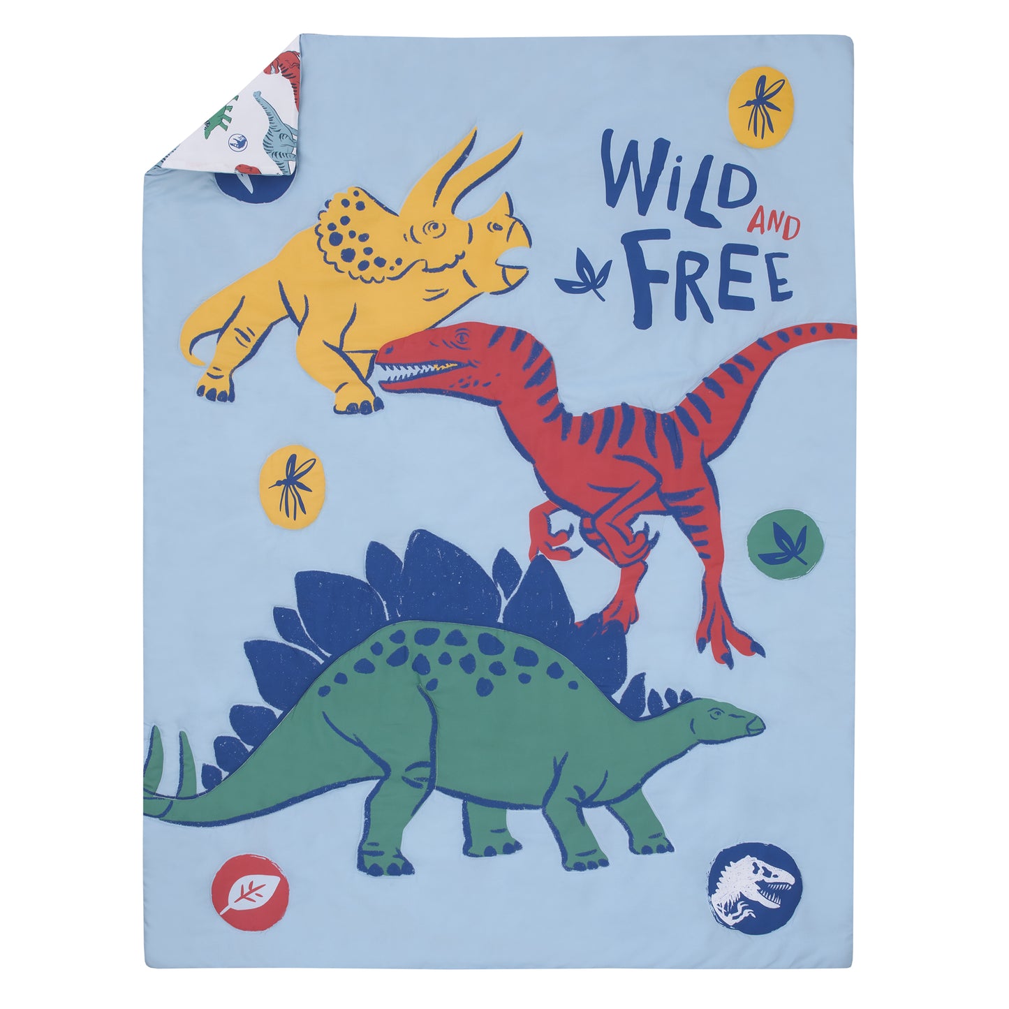 Universal Jurassic World Wild and Free Blue, Green, and Yellow Dinosaur 4 Piece Toddler Bed Set - Comforter, Fitted Bottom Sheet, Flat Top Sheet, Reversible Pillowcase