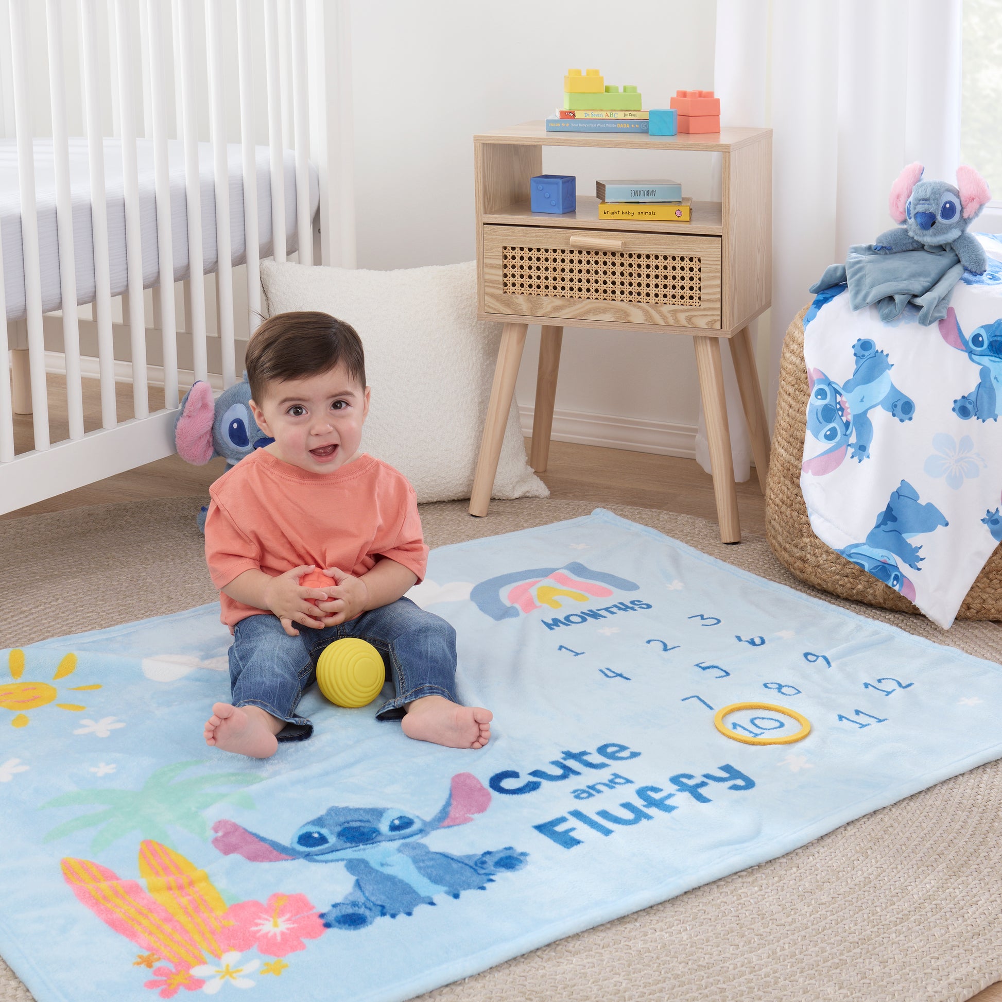NoJo Disney Stitch Cute and Fluffy Milestone Baby Blanket, Blue and Pink