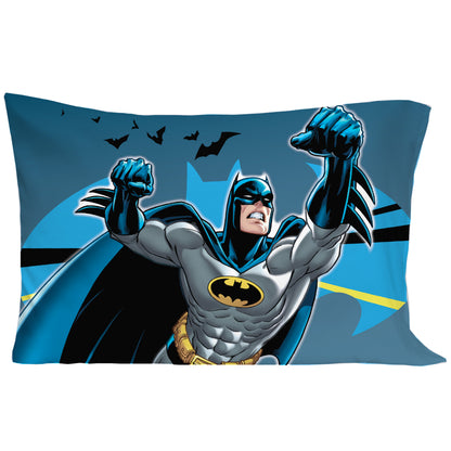 Warner Brothers Batman - Blue Yellow and Grey 4 Piece Toddler Bed Set - Comforter, Flat Top Sheet, Fitted Bottom Sheet, Reversible Pillowcase
