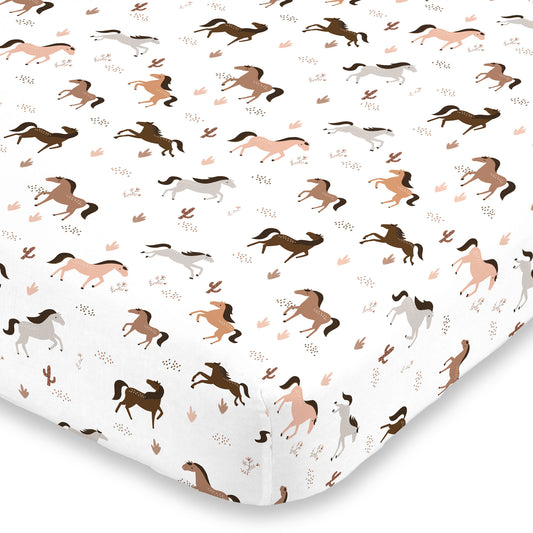 NoJo Desert Sunset Horse Tan, Taupe, Brown and White Super Soft Fitted Crib Sheet