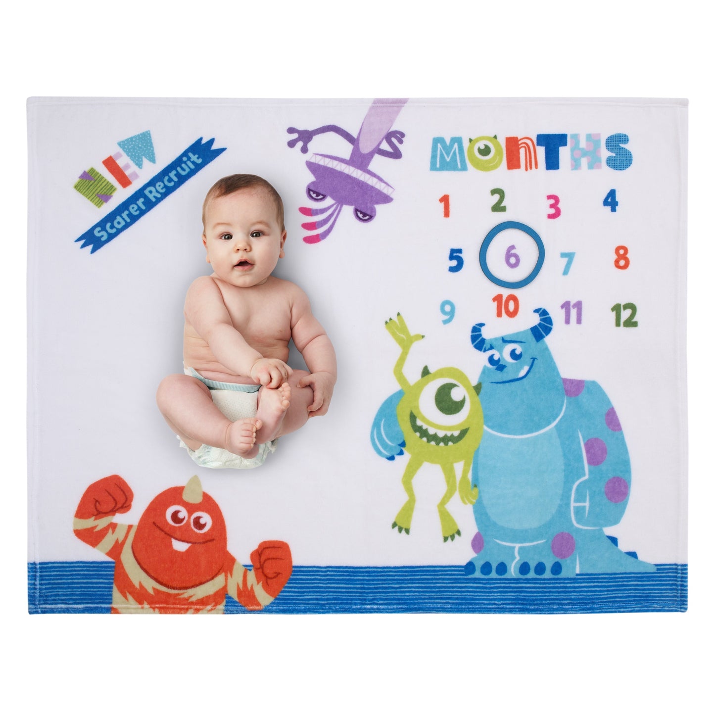 Disney Monsters, Inc. White, Blue, and Green, New Scarer Recruit Super Soft Photo Op Milestone Baby Blanket