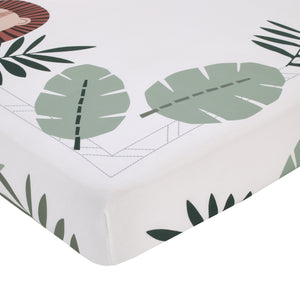 NoJo Jungle Paradise Mini & Mighty Green, Gray and White Lion, Sloth, and Leopard 100% Cotton Photo Op Fitted Crib Sheet