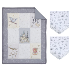 Warner Bros  Harry Potter Magical Moments Grey and White Hogwarts 3 Piece Nursery Mini Crib Bedding Set - Comforter and Two Fitted Mini Crib Sheets