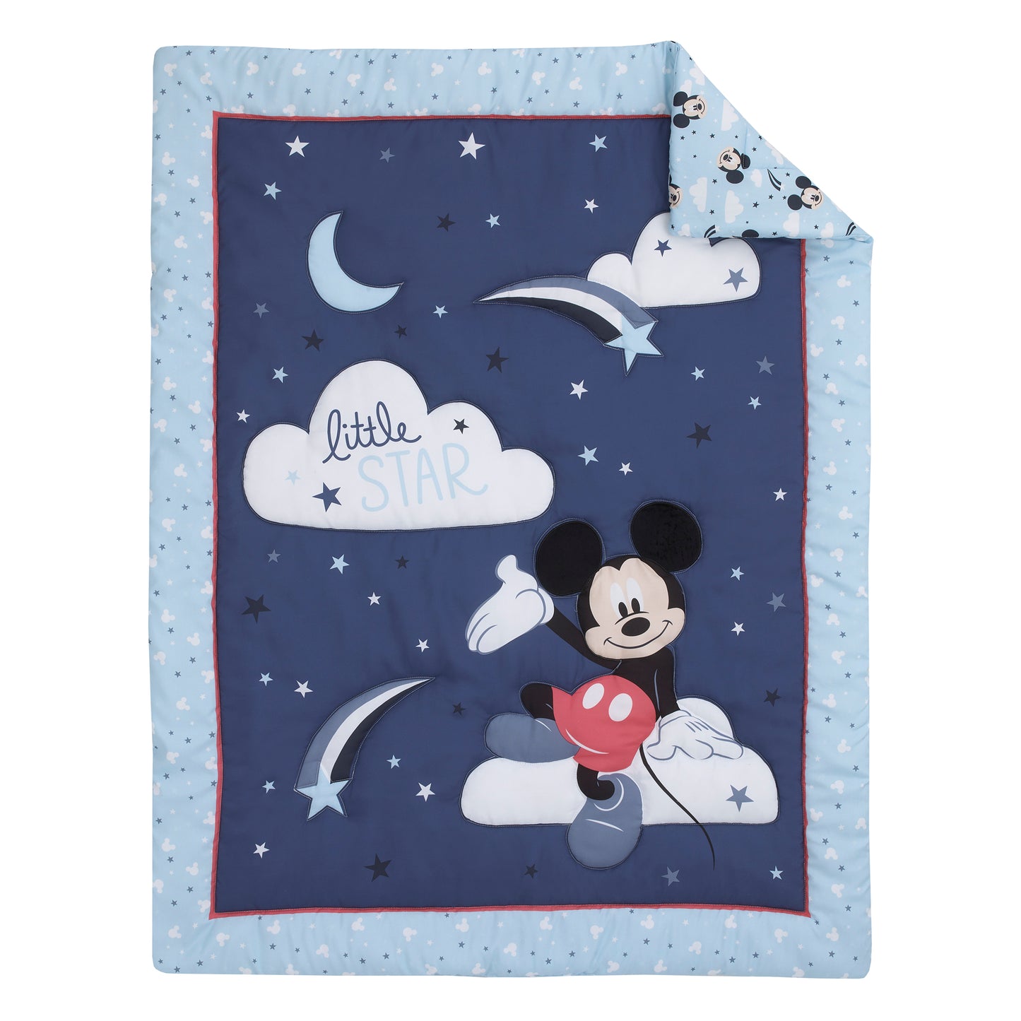 Disney Mickey Mouse Little Star Blue, Navy and White Cloud Moon and Stars 3 Piece Nursery Crib Bedding Set - Comforter, Fitted Crib Sheet, and Crib Skirt